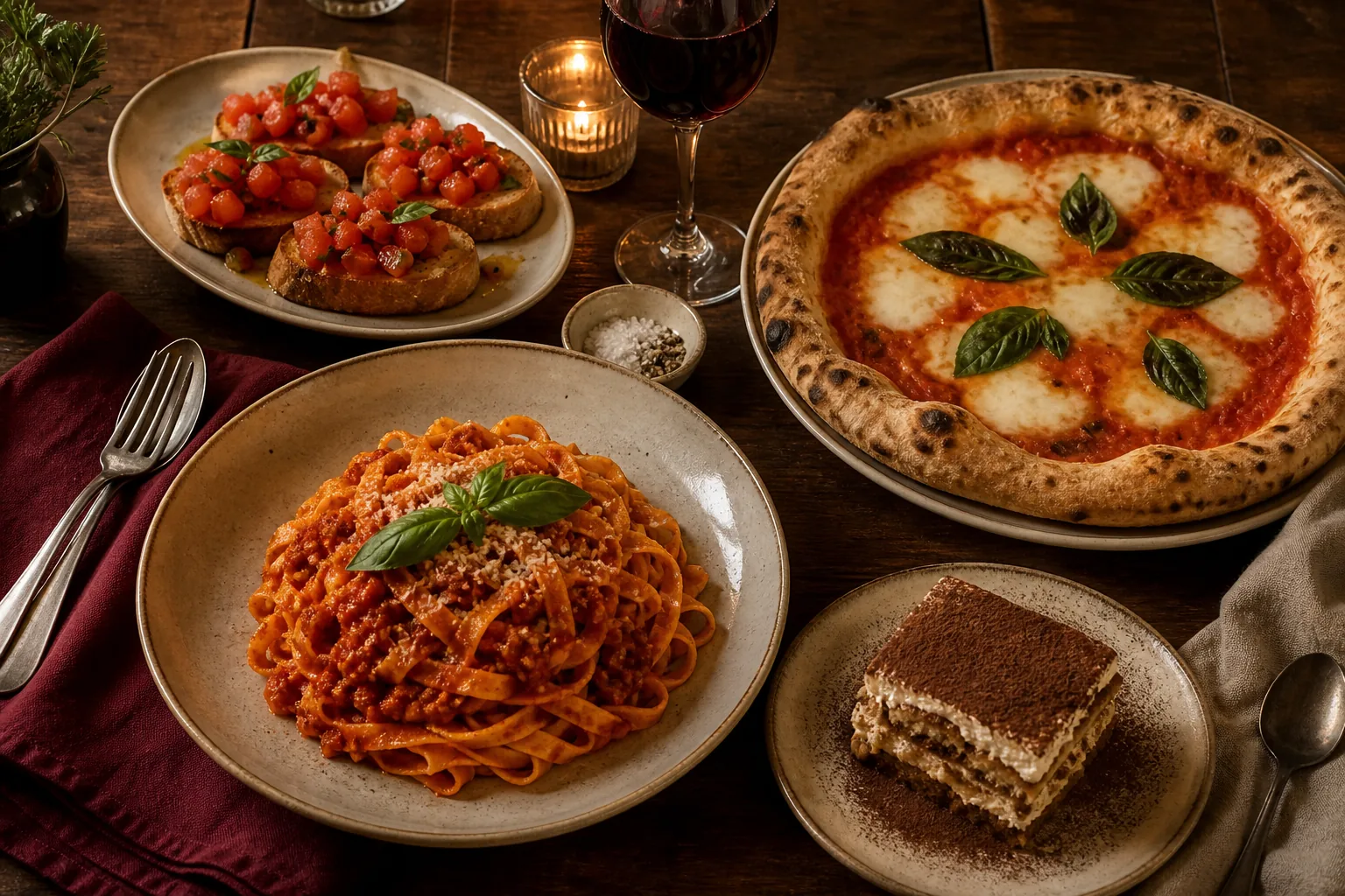 An Italian table with pasta, pizza, bruschetta and tiramisu